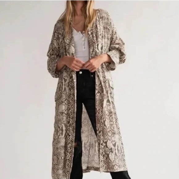 NEW Free People S Wild Nights Animal Print Long Duster cardigan Brown Cream Boho - Picture 1 of 14